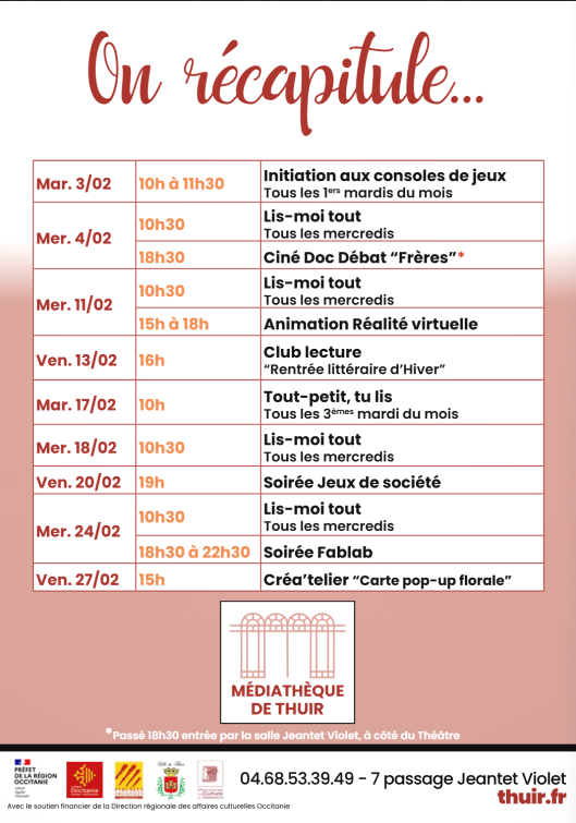 MÉDIATHÈQUE DE THUIR  – PROGRAMME FÉVRIER 2026