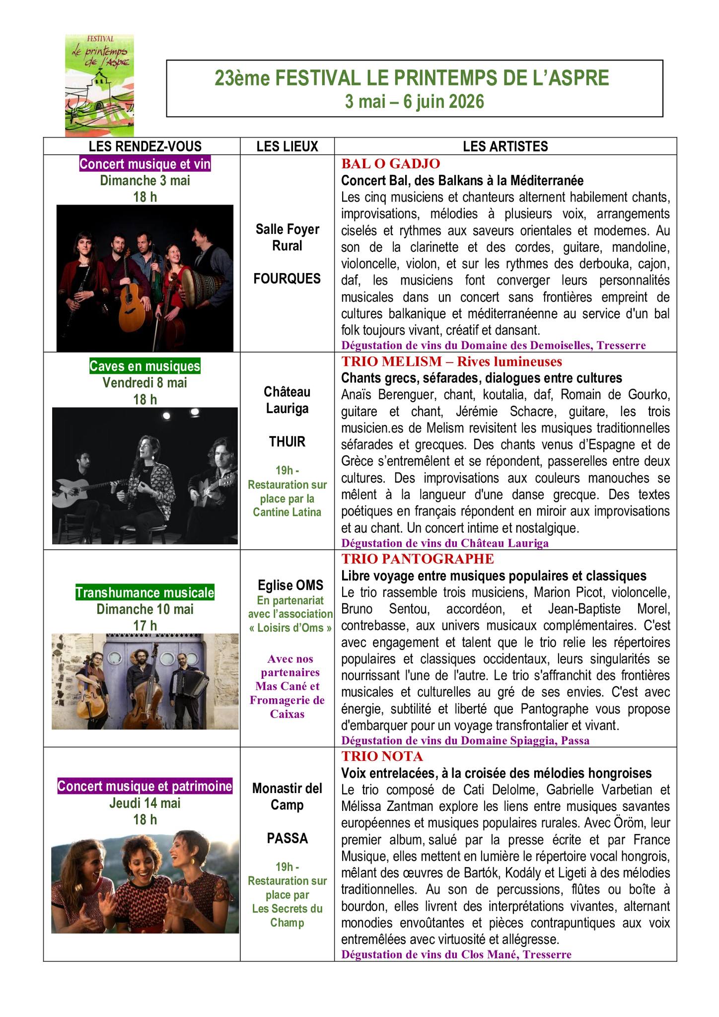 23ÈME FESTIVAL LE PRINTEMPS DE L’ASPRE : “TRIO MELISM – RIVES LUMINEUSES”